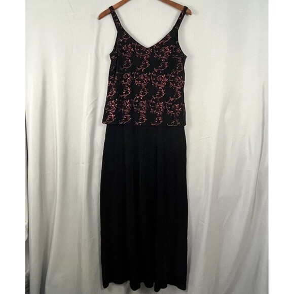 VTG Alex Evenings Maxi Gown Women's 10 Black Red Floral Glitter Sparkles V-Neck - Picture 3 of 12
